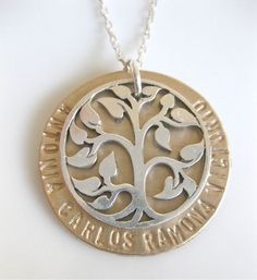 Sale Tree of Life Necklace - "My Tree of Wonder" - personalized. via Etsy. Unique Hand Stamped Round Jewelry, Unique Engraved Necklaces For Anniversary, Unique Engraved Necklace For Anniversary, Spiritual Medallion Jewelry For Anniversary, Engraved Custom Nameplate Necklace For Anniversary, Engraved Spiritual Necklace For Anniversary Gift, Antique Engraved Necklaces For Mother's Day, Silver Nameplate Necklace Stamped 14k, Antique Engraved Jewelry For Mother's Day