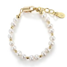 This keepsake bracelet is made with genuine soft white high-end Austrian simulated pearls and 14K Gold-plated beads! This is a high quality bracelet in sterling silver with 14K gold plating. Each bracelet has an extension chain, so as the child grows you just move to the next link for a perfect fit. This bracelet is available in three sizes and is great for infants, babies, toddlers, and kids. This bracelet comes in a beautiful gift box. Hand made in the USA! Make it extra special by adding her Classic Adjustable Personalized Pearl Bracelet, Personalized Adjustable Classic Pearl Bracelet, Classic Personalized Adjustable Pearl Bracelet, Adjustable Hypoallergenic Pearl Bracelet For Anniversary, Classic White Name Bracelet As Gift, Classic Personalized Pearl Bracelet, Elegant White Bracelets For Birthday, Personalized Classic Pearl Bracelet, Classic Adjustable Hypoallergenic Pearl Bracelet