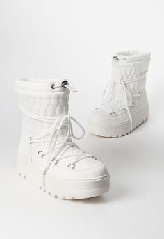 JustFab Bright White female Fashion >> Shoes >> Boots >> Booties regular Material: Faux Leather Heel Height: 1.75" Platform Height: 1.5" Shaft Height: 6.5" Closure: Adjustable Laces Imported Neve Cold Weather Bootie Winter Rave Outfits, White Snow Boots, White Platform Boots, Staple Shoes, Nike Fashion Shoes, Fashion Shoes Boots, Glitter Design, Faux Leather Heels, White Snow