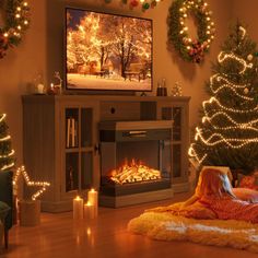 a living room decorated for christmas with lights on the fireplace and decorations around the fire place