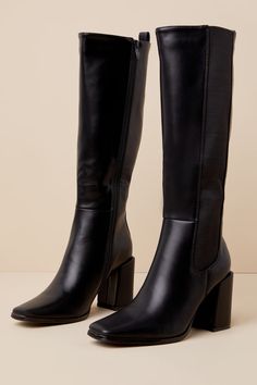 Every look you create with the Thia Black Square Toe Knee-High Boots will be worth everyone's attention! Sleek faux leather shapes these perfectly chic boots that feature a trendy square-toe upper that rises to a 13.5"" knee-high shaft with an elastic gusset along the outstep, a 15.25"" zipper at the instep, and a convenient pull tag at the bag. 14"" circumference. A sturdy block heel completes the stylish design! Available in whole sizes only. 3. 25" wrapped block heel. Lightly cushioned insole Square Toe Fall Boots, Black Boots Suede, Square Boots Outfit Women, Black Boots Leggings Outfit, Tall Boots For Short Women, Trendy Polyurethane Boots With Pointed Toe, Trendy Polyurethane Pointed Toe Boots, Fitted Trendy Polyurethane Boots, Trendy Faux Leather Knee-high Boots With Pointed Toe