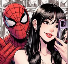 a woman holding a cell phone in front of a spider - man and girl with long black hair