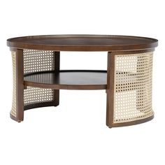 an oval coffee table with perfored panels on the top and bottom, made from wood