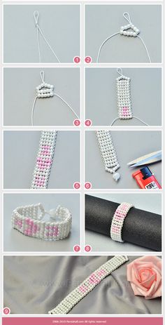 instructions to make a beaded bracelet with pink and white beads on the bottom, along with