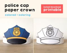 three paper crowns with police hats on them, one is blue and the other is white