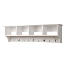 a white wall mounted shelf with five hooks and two shelves on each side, one is empty