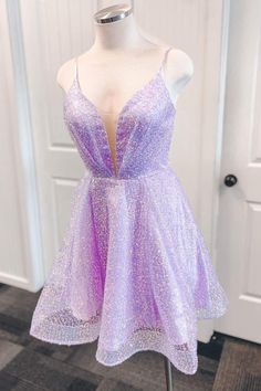 Lavender A-line Shiny Party Dress with Lace Up Back Purple Prom Dresses Short, Purple Prom Dress Short, Homecoming 2022, Purple Prom Dresses, Purple Quince, Purple Prom, Mini Prom Dresses, Bts Stuff, Purple Prom Dress