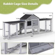 the rabbit cage size details are shown in three different views, including one with stairs