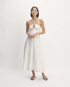 The Linen Halter-Neck Dress Open Back White Dress, Fitted Top, Halterneck Dress, Linen Women, A Line Skirt, Halter Neck, Workout Tops, A Line Skirts, Midi Length