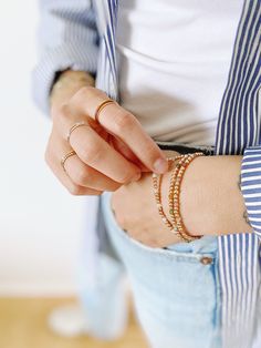 We have teamed up with Simple Joys Shop to bring you a collaboration of premium beaded gold filled wrist wear. These bracelets are created custom to your wrist size. ∙ D E T A I L S ∙ - 3mm bead size- Your choice of beaded gemstone- 18k Gold Filled Beads- Made with strong stretch cord to your custom size! Whats your size? It's super simple to measure. Grab a piece of yarn or flexible fabric and wrap it around your wrist (keep it neutral, not too tight and not too loose). Make a mark on the fabric & measure against a ruler! Always round up if you're between sizes :) ∙ G O L D ∙ F I L L E D ∙ Gold-filled components contain 100+ times more real gold than gold-plated components and are both durable and tarnish resistant. It is more affordable and accessible than solid gold but higher quality t Everyday Gold Beaded Stretch Bracelet, Everyday Hand-strung Beaded Bracelet, Everyday Jewelry With Faceted Beads In 14k Gold Filled, Everyday Stackable Beaded Bangle Bracelets, Minimalist Hand-strung Beaded Bracelets In 14k Gold Filled, Everyday 14k Gold Filled Beaded Bracelets With Tiny Beads, Minimalist Hand-strung 14k Gold Filled Beaded Bracelets, Everyday Stackable Gold Beaded Bracelets, Everyday Gold Stackable Beaded Bracelets