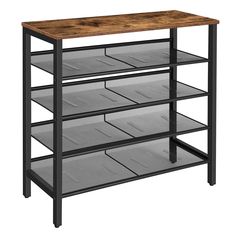 an industrial style wooden and metal shelving unit with six trays on each shelf