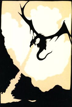 a black and white drawing of a dragon flying in the sky