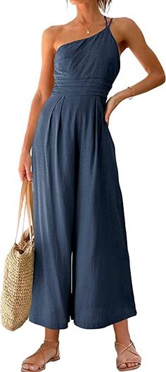 ANRABESS Women's Summer One Shoulder Pleated High Waist Casual Wide Leg Jumpsuit Romper w/ Pockets Cute Travel Outfits, High Waist Jumpsuit, Attractive Clothing, Jumpsuit Fitted, Pleated Jumpsuit, Loose Jumpsuit, One Shoulder Jumpsuit, Designer Jumpsuits, Casual Wide Leg Pants