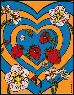 a painting of strawberries in a heart with flowers and butterflies on it's sides