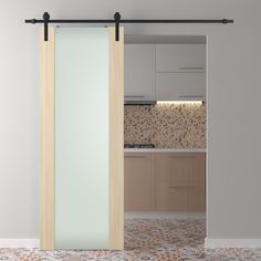 an open sliding door in a kitchen with tile flooring