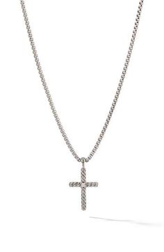 Sterling silver. Diamond, 0.03 carat weight. Cross, 13 x 24mm. By David Yurman; made in the USA. Elegant Stainless Steel Cross Pendant Jewelry, Classic White Gold Jewelry With Wheat Chain, Elegant Stainless Steel Jewelry With Wheat Chain, Classic Stainless Steel Wheat Chain Jewelry, Classic Silver Jewelry With Wheat Chain, Silver Diamond Box Chain Jewelry, White Gold Cross Pendant With Box Chain, Silver Diamond Jewelry With Box Chain, Minimalist Silver Jewelry With Wheat Chain