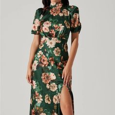 Only Tried On, Tags Taken Off. I’m 5’1, It’s Supposed To Be A Midi, Just Too Long On Me. Perfect Condition. Equivalent To A 10/12 Satin V-neck Midi Dress With Floral Print, Green Floral Print A-line Midi Dress, Vintage Floral Print Midi Dress With V-neck, Green Floral Print Midi V-neck Dress, Floral Print Viscose V-neck Midi Dress, Floral Midi Dress, Mock Neck, Green And Brown, Midi Dress