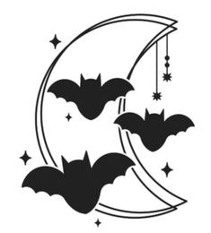 bats flying over the moon with stars in the sky on white background, black and white illustration