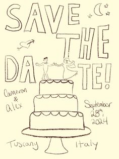 save the date poster with two people on top of a cake and an inscription that says save the date