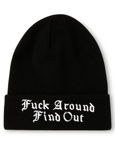 Keep warm and show off your attitude with style when you rock this F Around Find Out Cuff Beanie Hat as part of your casual look. This stylish beanie is the perfect choice for cold weather and is sure to always have you looking fresh. Regular fit Mid crown Material: Acrylic Care: Hand wash cold Imported One size fits most Hip Hop Beanie For Winter Streetwear, Hip Hop Beanie For Streetwear In Winter, Streetwear Beanie With Letter Print, Trendy Letter Print Beanie, Casual Beanie With Letter Print, Cotton Beanie Cap With Letter Print, Cotton Beanie With Letter Print, Winter Streetwear Beanie With Letter Print, Casual Beanie For Streetwear