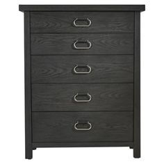 a black dresser with five drawers and two handles