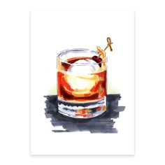 a watercolor painting of a drink in a glass with an orange garnish