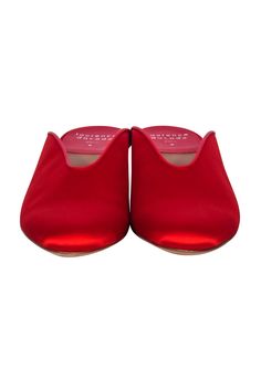 Take the holidays to new heights with these Laurence Dacade red satin mules! Featuring a rounded toe silhouette and statement block heel, these elegant heels will add a splash of festive color to any ensemble. Be a showstopper in these sassy holiday stunners! Size 10 (IT 40) Made in Italy Satin upper Lather sole and lining Slip on Round toe Block heel Comes with box and dust bag Heel height 2.5" Evening Mules With Padded Heel And Almond Toe, Red Sandals With Deep Heel Cup For Spring, Red Mules With Padded Heel For Party, Elegant Red Mules With Sculpted Heel, Evening Closed Toe Slip-on Mules, Slip-on Closed Toe Mules For Evening, Closed Toe Slip-on Mules For Evening, Evening Red Mules With Red Sole, Red Mules With Red Sole For Evening