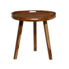 a small wooden table with two legs and a round tray on the top that has holes in it