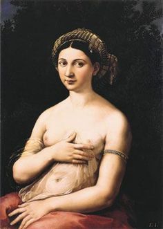 a painting of a woman with her hands on her chest