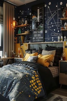 a bed room with a neatly made bed and a chalkboard on the wall behind it