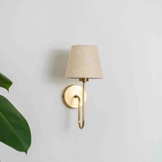 a lamp on the wall next to a potted plant with a white cloth shade