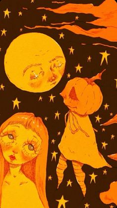 an illustration of two girls looking at the stars and moon in the night sky,