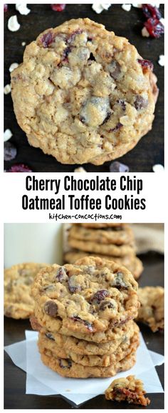 three different views of the same chocolate chip oatmeal toffe cookies