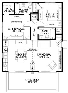 the floor plan for a small house with two bedroom and living room on each side