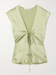 Christopher Esber’s ‘Triquetra’ tank will make a beautiful addition to your warm-weather wardrobe. It’s cut from fluid silk-satin and has a generous V-neckline with adjustable ties and two discrete cutouts. Luxury Summer Tops, Luxury Designer Tops, Satin Undershirt, Christopher Esber, Silk Press, Satin Top, Green Silk, Silk Top, Jeans Dress