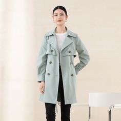 Grey Green Double Breasted Long Trench Coats - SHIMENG Double-breasted Cotton Office Outerwear, Elegant Cotton Outerwear For Spring, Solid Color Spring Outerwear For Work, Double-breasted Spring Office Outerwear, Spring Cotton Outerwear In Solid Color, Solid Outerwear For Office In Spring, Green Trench Coat, Long Trench, Long Trench Coat