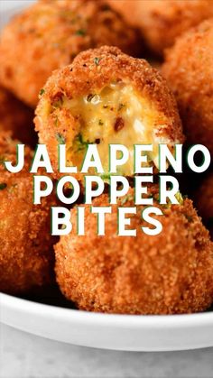 there is a bowl full of food with the words jalapeno popper bites