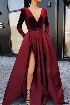 Olivia Mark - Refined Burgundy V-Neck A-Line Dress with Elegant Solid Patchwork Vestidos Color Vino, Prom Dress Green, Cheap Prom Dresses Online, Prom Dresses With Pockets, V Neck Prom Dresses, Custom Prom Dress, Long Sleeve Prom, Burgundy Prom Dress, فستان سهرة