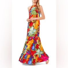 Vince Camuto Oscar Floral Tiered Maxi Dress In Orange Multi | Size Xs Channel Bold Energy In This Floor-Grazing Maxi Dress With Tiers And Colorful Blooms For Extra Drama. Halter Neck Unlined 100% Rayon Machine Wash Tumble Dry Imported Always Open To Reasonable Offers! **If You Are New To Poshmark, Use My Code Stylebydesign_ When You Register & Receive A $10 Credit Toward Your First Purchase From My Closet !! Smoke Free/Pet Free Home Wedding, Cocktail, Gala, Black Tie , Cruise, Formal, Pageant, P Vibrant Floral Print Maxi Dress, Vibrant Colorful Floral Print Maxi Dress, Fitted Multicolor Print Summer Maxi Dress, Vibrant Green Tropical Print Maxi Dress, Vibrant Multicolor Floral Print Maxi Dress, Vibrant Tropical Print Multicolor Dress, Vibrant Multicolor Tropical Print Dress, Vibrant Multicolor Halter Neck Dress, Vibrant Fitted Floral Print Maxi Dress