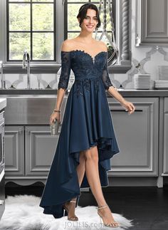 Makayla A-Line Off-the-Shoulder Asymmetrical Satin Homecoming Dress With Lace UKP0015441 Silhouette:: A-Line Neckline:: Off-the-Shoulder Length:: Asymmetrical Embellishment:: Lace Fabric:: Satin,Lace Sleeve:: 1/2Sleeves BackStyle:: ZipperUp FullyLined:: Yes Built-InBra:: Yes Boning:: Yes Size:: General,Plus This dress could be custom made, there are no extra cost to do custom size and color. Satin Homecoming Dress, Tulle Homecoming Dress, Ball Gowns Princess, Dress With Sequins, Lace Beach Wedding Dress, Lace Homecoming Dresses, Satin Prom Dress, Prom Dresses With Sleeves, Prom Dresses Long With Sleeves