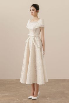 Elegant Fit And Flare Lace Wedding Dress, Evening Lace Midi Dress Fit And Flare, Elegant Lace Fit And Flare Midi Dress, Elegant Fit And Flare Midi Lace Dress, Elegant Fit And Flare Lace Midi Dress, Elegant Fit And Flare Midi Length Lace Dress, Chic Lace Dress With Square Neck, Lace A-line Midi Dress With Fitted Bodice, Feminine Lace Dress With Square Neck For Party