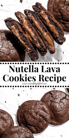 2 stacked photos of Nutella lava cookies: top image of cookies sliced in half on parchment paper and bottom image of whole cookies on parchment paper Double Chocolate Nutella Cookies, Nutella Peanutbutter Cookies, Nutella Stuffed Chocolate Cookies, Simple Nutella Desserts, Easy Dessert Recipes Nutella, Desserts With No Chocolate, Complex Dessert Recipes, Nutella Lava Cookies, What Can I Make With Nutella