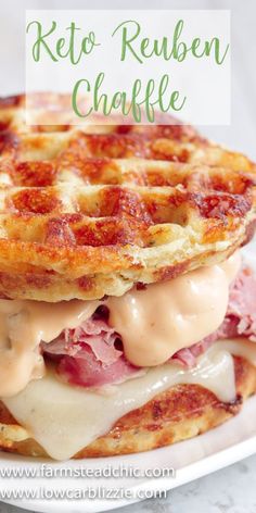 a close up of a waffle sandwich on a plate