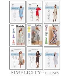 six different styles of dresses for women with the words simplicity on them