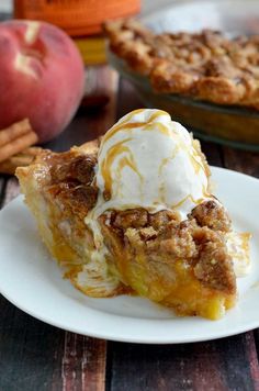 a slice of apple pie with ice cream on top