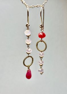 Mismatch asymmetric Chalcedony and pink crystal beads on nubby detail gold French hook earrings gift for her, bride, beach party, long, mermaidcore. ~ Bead detail French Hook Earrings ~ Chalcedony 12 mm ~ Pink crystals 8 mm ~ Rope twist hoops 16 mm ~ Drop from earring 2-1/4 inches Unique Cherry red and baby Pink in these mismatched Asymmetric dangle Earrings on GP hooks.  Get ready for beach party, long mermaidcore Pretty Pink Earrings. One-of-a-kind dangle drop handmade earrings. Sparkling long Elegant Pink Linear Earrings As Gift, Bohemian Crystal Earrings With Faceted Beads For Gift, Pink Wire Wrapped Earrings For Party, Party Pink Wire Wrapped Earrings, Handmade Dainty Long Drop Linear Earrings, Dainty Handmade Linear Long Drop Earrings, 14k Gold Filled Jewelry For Party, Bohemian Pink Crystal Earrings With Matching Pair, Elegant Round Bead Earrings For Beach