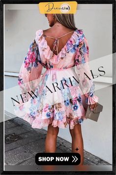 Sexy Backless Double V Neck Ruffle Party Dress Fashion Boho Floral Print Chiffon Beach Dress Elegant Women Tie Pleat Mini Dress Flowy Floral Print Chiffon Party Dress, Flowy Floral Chiffon Party Dress, V-neck Ruffled Dress For Summer Parties, Feminine Summer Chiffon Dress For Date Night, V-neck Ruffled Dresses For Beach Season, Long Sleeve Chiffon Dress With Ruffles For Summer, Pink Bohemian Chiffon Party Dress, Bohemian Chiffon Dress For Spring Party, Summer Chiffon Long Sleeve Dress With Ruffles