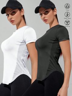 Fashionable Short Sleeve Sports T-Shirt With Breathable, Sweat-Wicking And Quick-Drying Mesh Panels Black and White   Short Sleeve Fabric Plain  High Stretch  Women Activewear, size features are:Bust: ,Length: ,Sleeve Length: Silk T Shirt, Black And White Shorts, Sports T Shirt, Long Sleeve Tops Casual, Women Sports, Sport T-shirts, Black Panels, Sports Tees, Mesh Panel