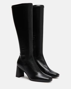 HOLLY Black Knee High Square Toe Boot | Women's Boots – Steve Madden Black Square Toe Boots, Steve Madden Store, Boots Square Toe, Black Knee High Boots, Holly Black, Square Toe Boots, Black Heel Boots, Leather Socks, Knee Boot