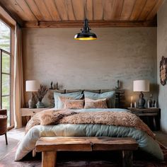 a bedroom with a large bed covered in blankets and pillows